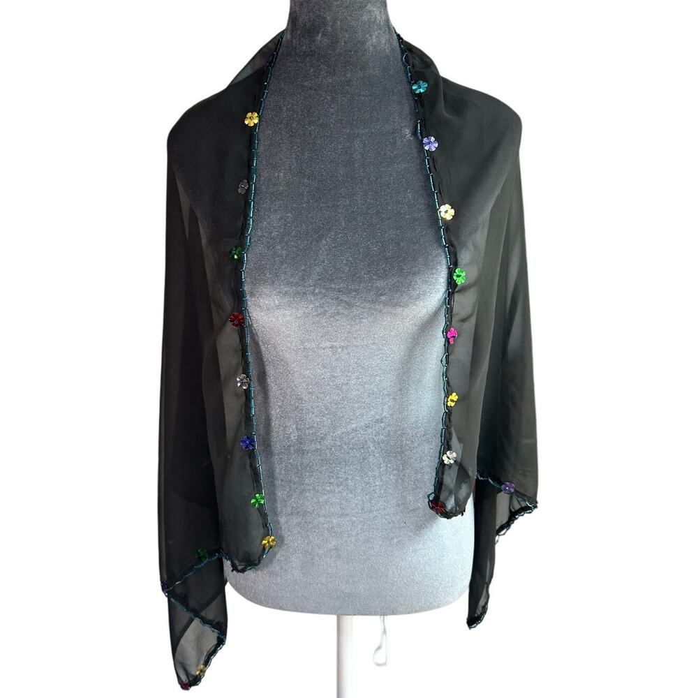 Whimsigoth- Black Sheer Shawl- with blue beaded trim with floral sequin- fairy